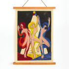 Poster of three abstract dancing figures in vibrant colors titled Dance of Colours by Ernst Ludwig Kirchner