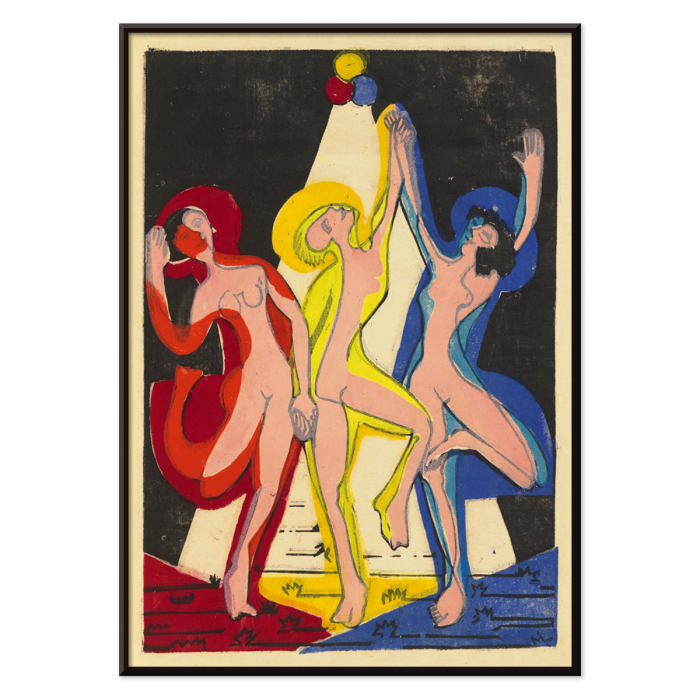 Poster of three abstract dancing figures in vibrant colors titled Dance of Colours by Ernst Ludwig Kirchner