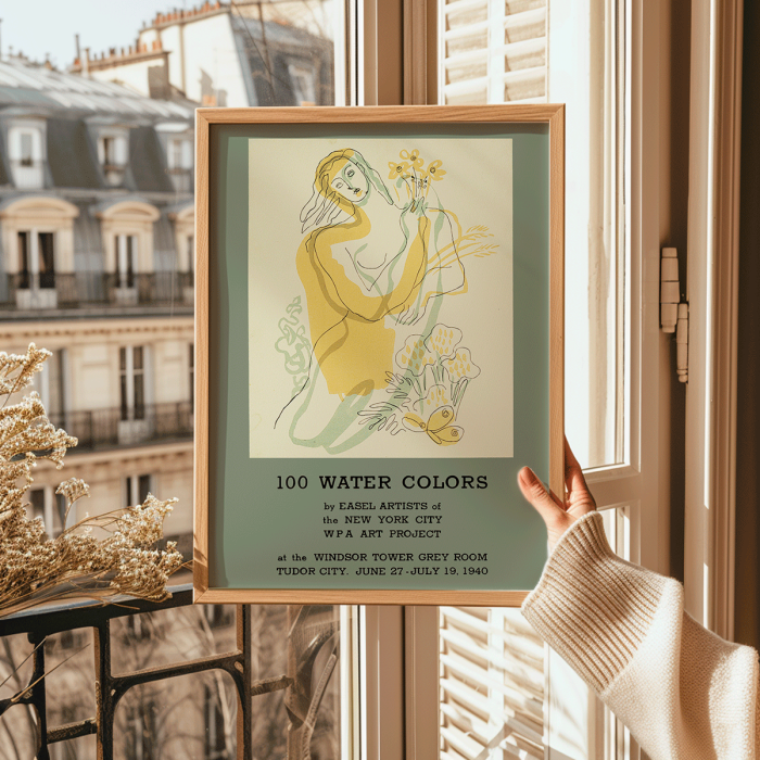 Poster showcasing the work of the New York City WPA Art Project titled 100 Water Colors by Easel Artists depicting a woman with flowers.