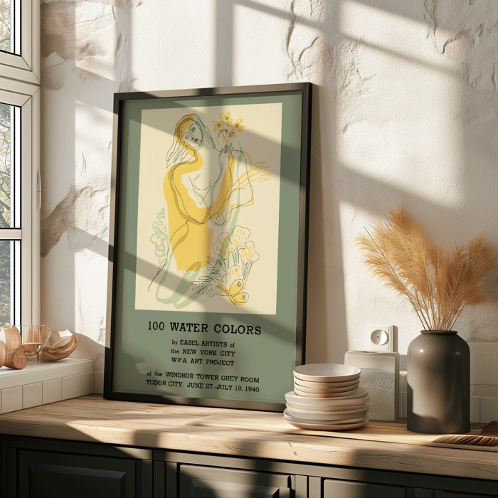 Poster showcasing the work of the New York City WPA Art Project titled 100 Water Colors by Easel Artists depicting a woman with flowers.