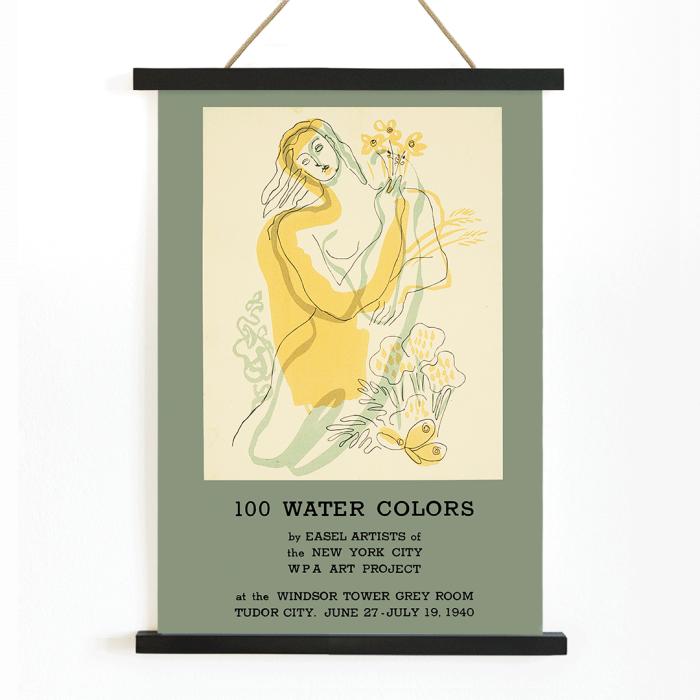 Poster showcasing the work of the New York City WPA Art Project titled 100 Water Colors by Easel Artists depicting a woman with flowers.