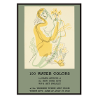 Poster showcasing the work of the New York City WPA Art Project titled 100 Water Colors by Easel Artists depicting a woman with flowers.