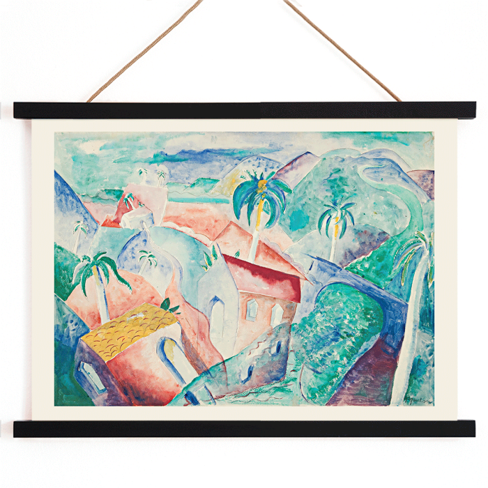 Poster featuring vibrant Cuban landscape painting by Paul Gaulois with palm trees and colorful houses in a scenic setting