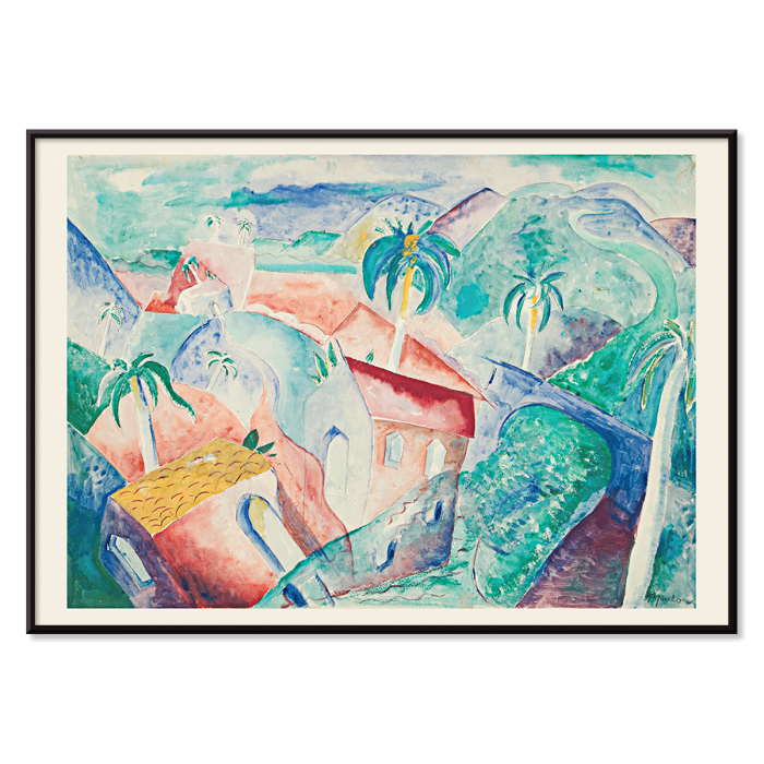 Poster featuring vibrant Cuban landscape painting by Paul Gaulois with palm trees and colorful houses in a scenic setting