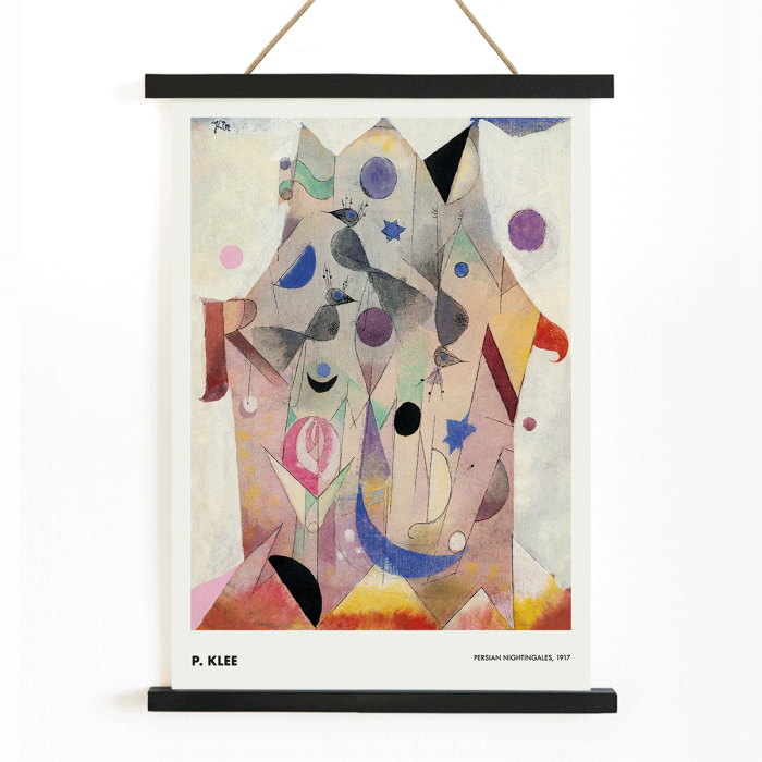 Póster de la obra de arte abstracta Ruiseñores persas de Paul Klee con formas geométricas y patrones coloridos.