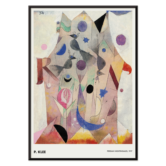 Póster de la obra de arte abstracta Ruiseñores persas de Paul Klee con formas geométricas y patrones coloridos.