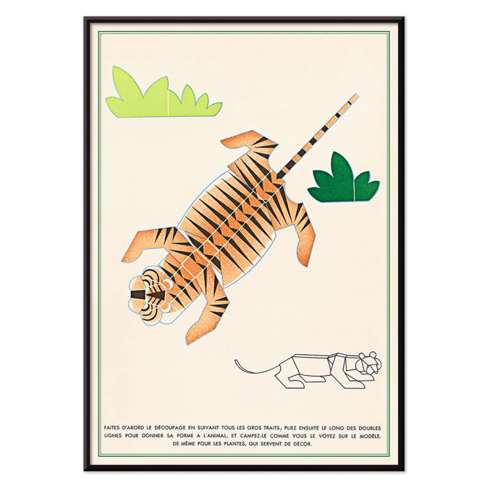 Póster de una ilustración geométrica de un tigre con plantas La Jungle chez moi Pl de Turenne Chevallereau.