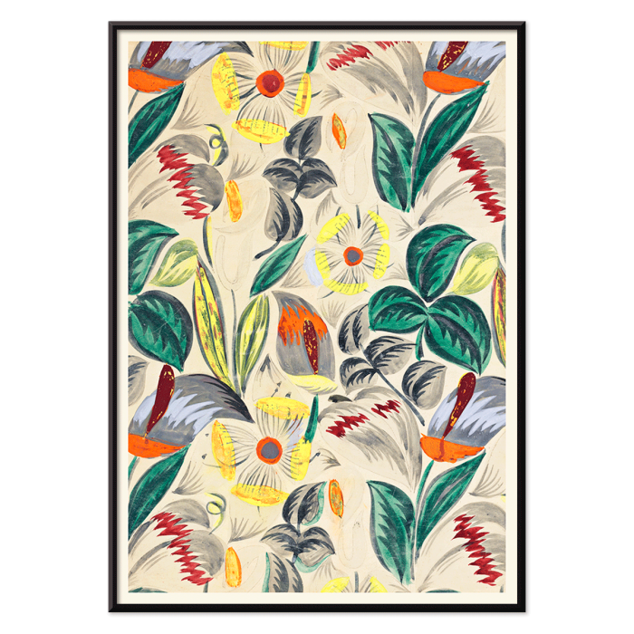 Póster muestra flores tropicales vibrantes y vegetación exuberante titulado Diseño textil - Flores tropicales II.