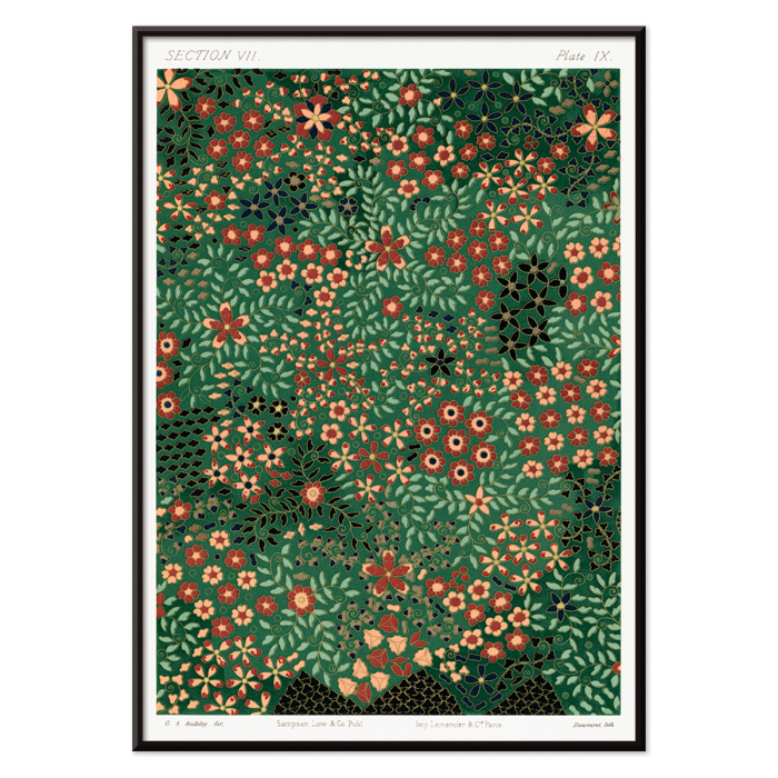 Póster presenta intrincados patrones florales de The Ornamental Arts Of Japan de GA Audsley que muestran verdes y rojos vibrantes.