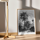 Poster featuring a detailed black and white illustration of palm trees by Oswald de Kerchove de Denterghem Les Palmiers Histoire Iconographique