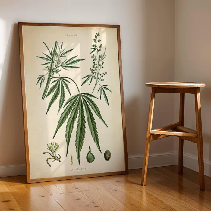 Póster de ilustración botánica de Cannabis sativa con hojas, flores y semillas de la obra de arte Cannabis Botanical Plate 2