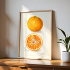 Affiche d'agrumes d'Amanda Almira Newton présentant une orange entière et coupée en deux avec une illustration détaillée.