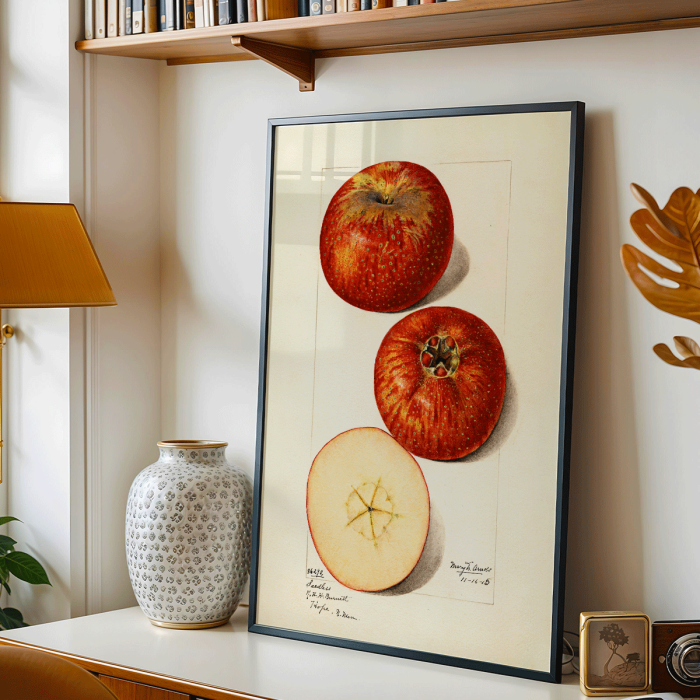 Póster presenta manzanas de Malus domestica de Mary Daisy Arnold que muestra frutas enteras y en rodajas con una ilustración detallada.