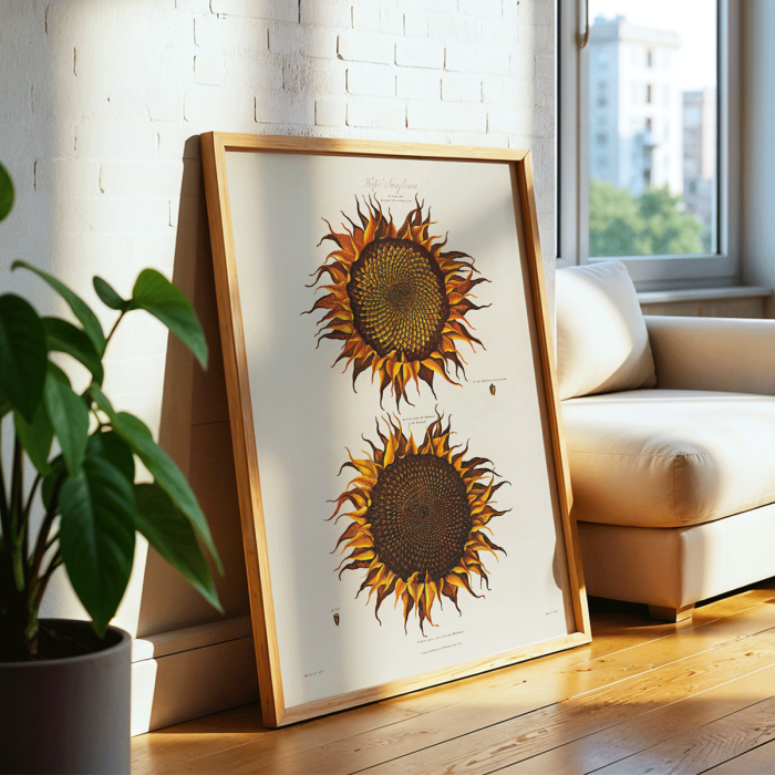 Póster de ilustración botánica que muestra dos girasoles titulada Ripe Sunflower de Robert John Thornton con pétalos de color naranja vibrante