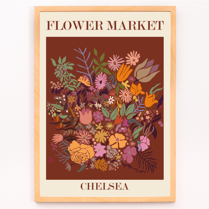 Póster titulado Flower Market - Chelsea por Moryarty presenta varias flores coloridas sobre un fondo marrón.