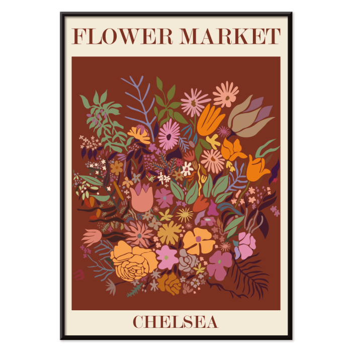 Poster titled Flower Market - Chelsea by Moryarty featuring various colorful flowers on a brown background.