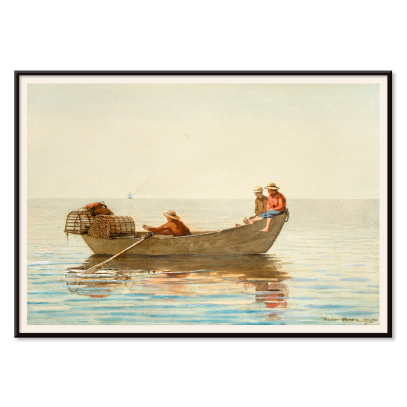 Tres muchachos en un bote con ollas de langosta