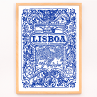 Poster présentant un paysage urbain de Lisbonne bleu et blanc complexe et des motifs ornés intitulés Lisbon Azulejo Blue Painted Tile 2.