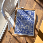 Poster featuring intricate blue and white Lisbon cityscape and ornate designs titled Lisbon Azulejo Blue painted tile 2.