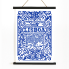 Poster featuring intricate blue and white Lisbon cityscape and ornate designs titled Lisbon Azulejo Blue painted tile 2.