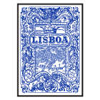 Póster presenta un intrincado paisaje urbano de Lisboa en azul y blanco y diseños ornamentados titulado Azulejo de Lisboa pintado en azul 2.