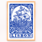 Poster featuring a blue painted tile depicting a ship with the word Lisbon beneath it Lisbon Azulejo Blue painted tile 1