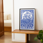 Poster featuring a blue painted tile depicting a ship with the word Lisbon beneath it Lisbon Azulejo Blue painted tile 1