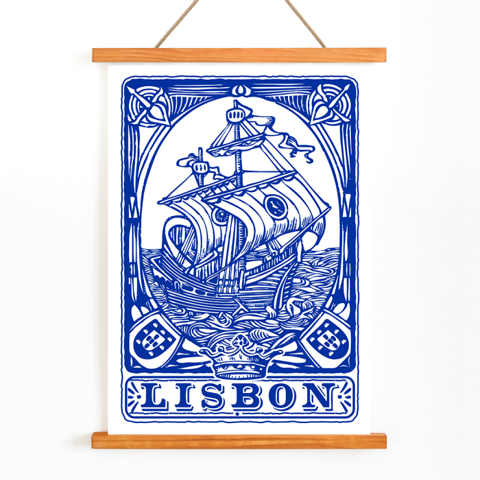 Poster featuring a blue painted tile depicting a ship with the word Lisbon beneath it Lisbon Azulejo Blue painted tile 1