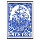 Póster con un azulejo pintado de azul que representa un barco con la palabra Lisboa debajo Azulejo de Lisboa Azulejo pintado de azul 1