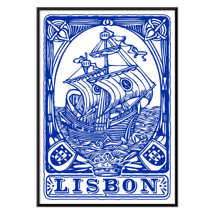 Poster comportant un carreau peint en bleu représentant un navire avec le mot Lisbonne en dessous Azulejo de Lisbonne Carreau peint en bleu 1