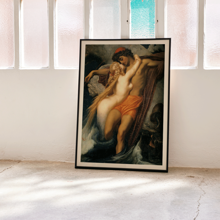 Poster of The Fisherman And The Syren by Frederic Leighton depicting a fisherman embraced by a mermaid in a mythical scene.