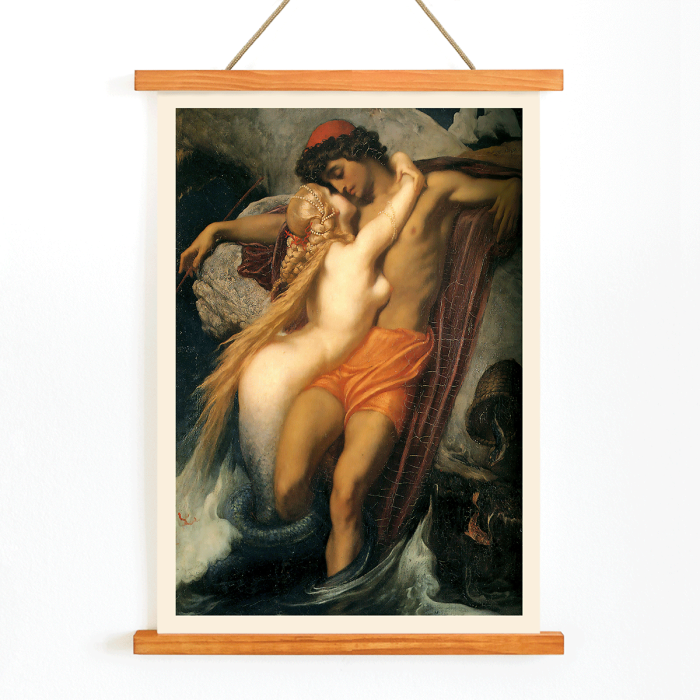 Poster du Pêcheur et la Sirène de Frederic Leighton représentant un pêcheur embrassé par une sirène dans une scène mythique.