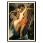 Poster of The Fisherman And The Syren by Frederic Leighton depicting a fisherman embraced by a mermaid in a mythical scene.