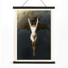 Poster of a woman with bat wings floating against a dark sky titled The Bat-Woman by Albert Joseph Pénot