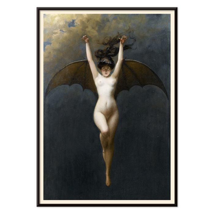 Poster of a woman with bat wings floating against a dark sky titled The Bat-Woman by Albert Joseph Pénot