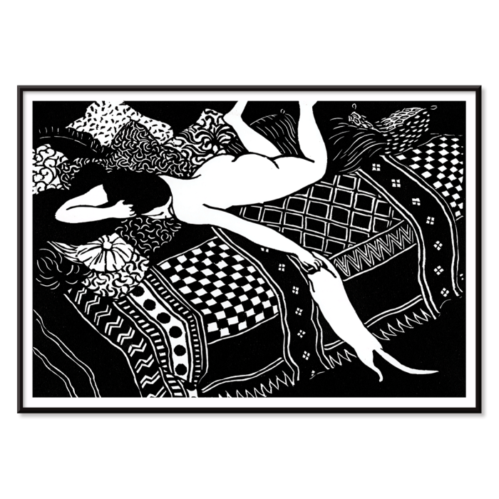 Poster of a woman reclining with a cat on a patterned bed La Paresse by Félix Emile-Jean Vallotton