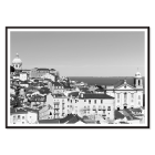 Poster featuring a black and white landscape of Lisbon's old city with rooftops and historic buildings titled Lisbon Old City Landscape