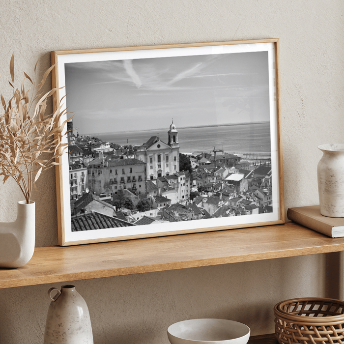 Poster featuring Lisbon Old City Landscape Black & White Picture 1 with a view of historical buildings and waterfront.