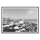 Poster of Lisbon's Alfama district with a view of traditional buildings and the Tagus River by Alfama Lisbon Old City Landscape Black & White Picture