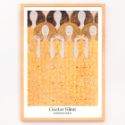 Poster of the artwork Beethoven Frieze by Gustav Klimt with intricate golden and orange patterns and faceless figures.