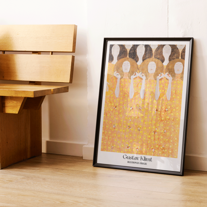 Poster of the artwork Beethoven Frieze by Gustav Klimt with intricate golden and orange patterns and faceless figures.