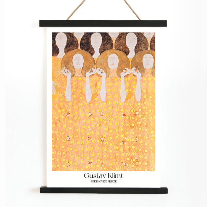 Poster of the artwork Beethoven Frieze by Gustav Klimt with intricate golden and orange patterns and faceless figures.