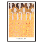 Poster of the artwork Beethoven Frieze by Gustav Klimt with intricate golden and orange patterns and faceless figures.