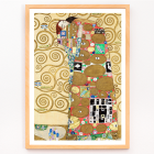 Poster of Fulfillment by Gustav Klimt featuring an intricate design with figures, colorful patterns, and swirling golden backgrounds