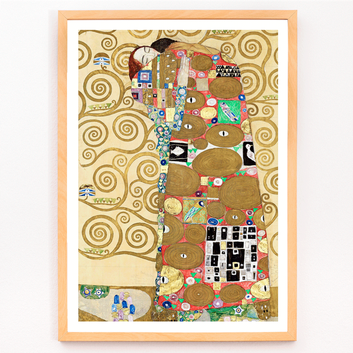 Poster de Fulfillment de Gustav Klimt présentant un design complexe avec des personnages, des motifs colorés et des arrière-plans dorés tourbillonnants