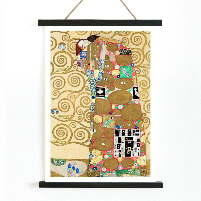 Poster of Fulfillment by Gustav Klimt featuring an intricate design with figures, colorful patterns, and swirling golden backgrounds