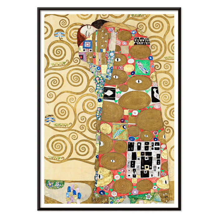 Poster of Fulfillment by Gustav Klimt featuring an intricate design with figures, colorful patterns, and swirling golden backgrounds