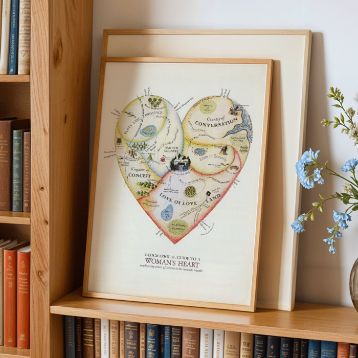 Il·lustració de mapa en forma de cor Geographical Guide to a Woman's Heart de Jo Lowery. Pòster titulat Geographical Guide to a Womans Heart de Jo Lowery representa un mapa capritxosiu d'emocions en forma de cor.