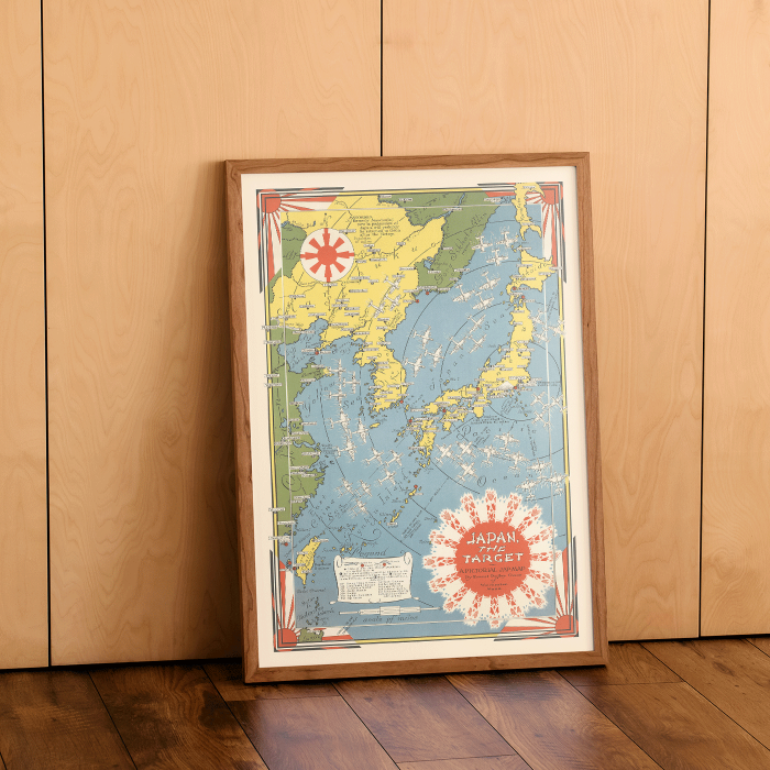 Póster de un mapa colorido que representa a Japón y sus alrededores titulado Japón como objetivo, un mapa japonés ilustrado por Ernest Dudley Chase