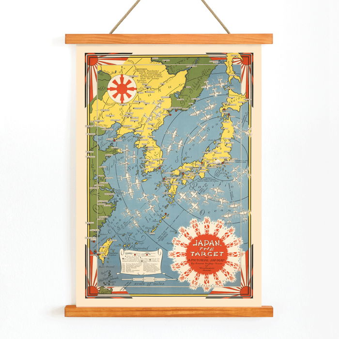 Poster of a colorful map depicting Japan and its surroundings titled Japan the target a pictorial Jap-map by Ernest Dudley Chase